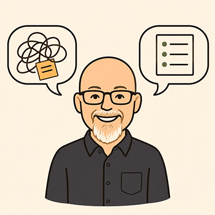 A simple illustration of Ben Wolfe between messy source material and a clean, organized finished document.